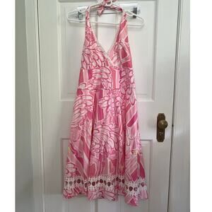 Lilly Pulitzer Women's 8 Midi Dress Pink Flamingo Print Halter Neck White Lace